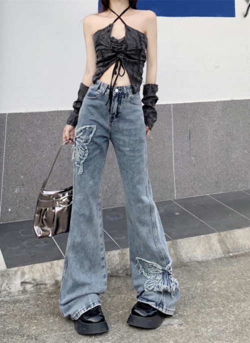 Blue Butterfly Embroidered Flared Jeans | Nayeon - Twice