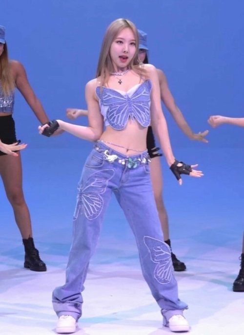 Blue Butterfly Embroidered Flared Jeans | Nayeon - Twice