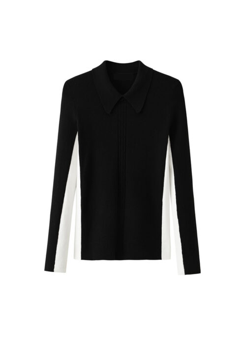 Black Contrasting Style Collared Sweater | Jennie - BlackPink