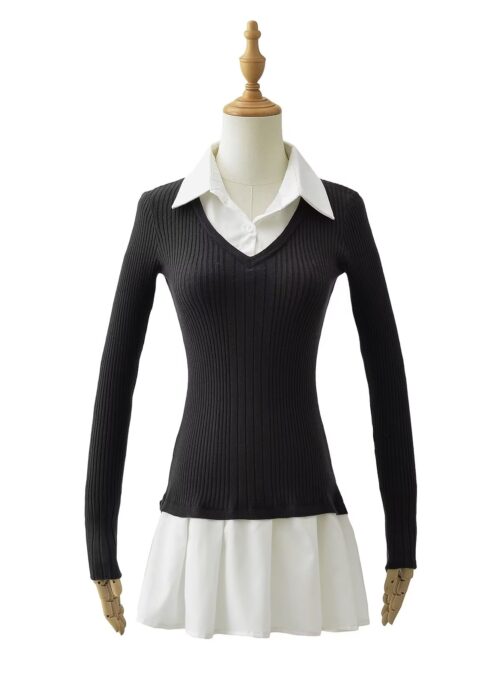 Black Double Layer Long Sleeve Knit Dress | Irene - Red Velvet