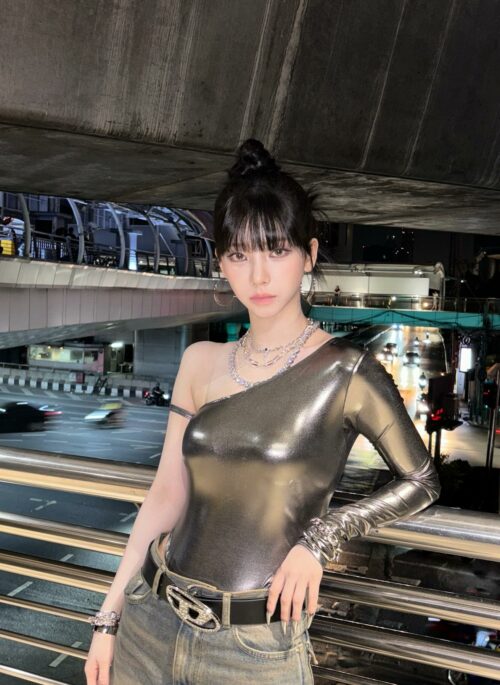 Grey Metallic One Off Shoulder Top | Karina - Aespa