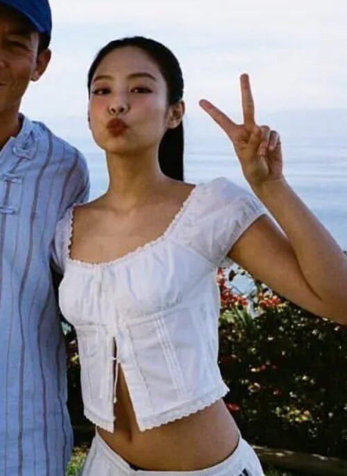 White Lace-Trimmed Square Neck Top | Jennie - BlackPink