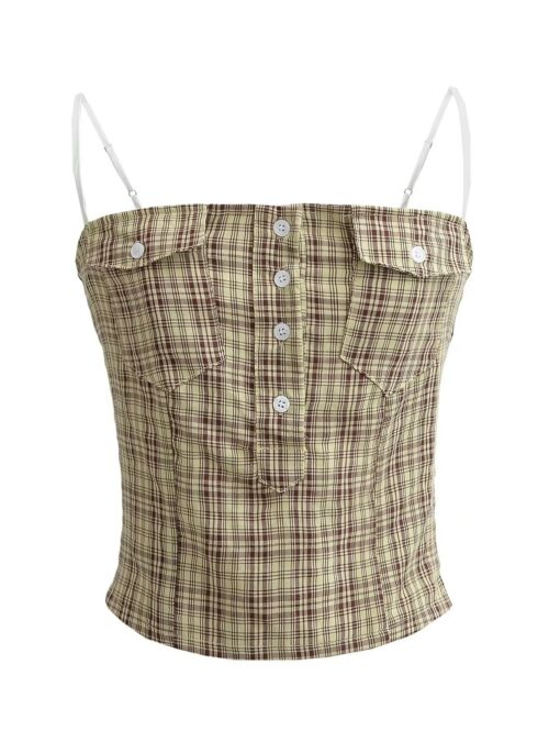 Brown Button Accent Plaid Top | Chaewon - Le Sserafim