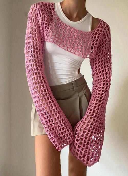 Pink Hollow Knit Cropped Sweater | Sakura - Le Sserafim