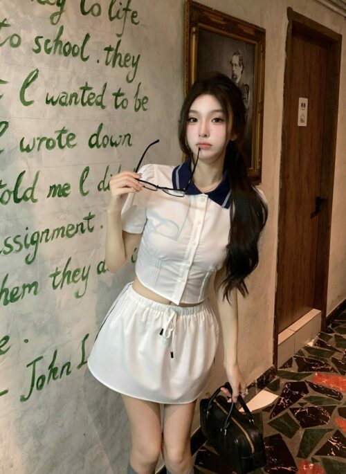 White Button-Up Shirt  WIth Blue Collar | Wonyoung - IVE
